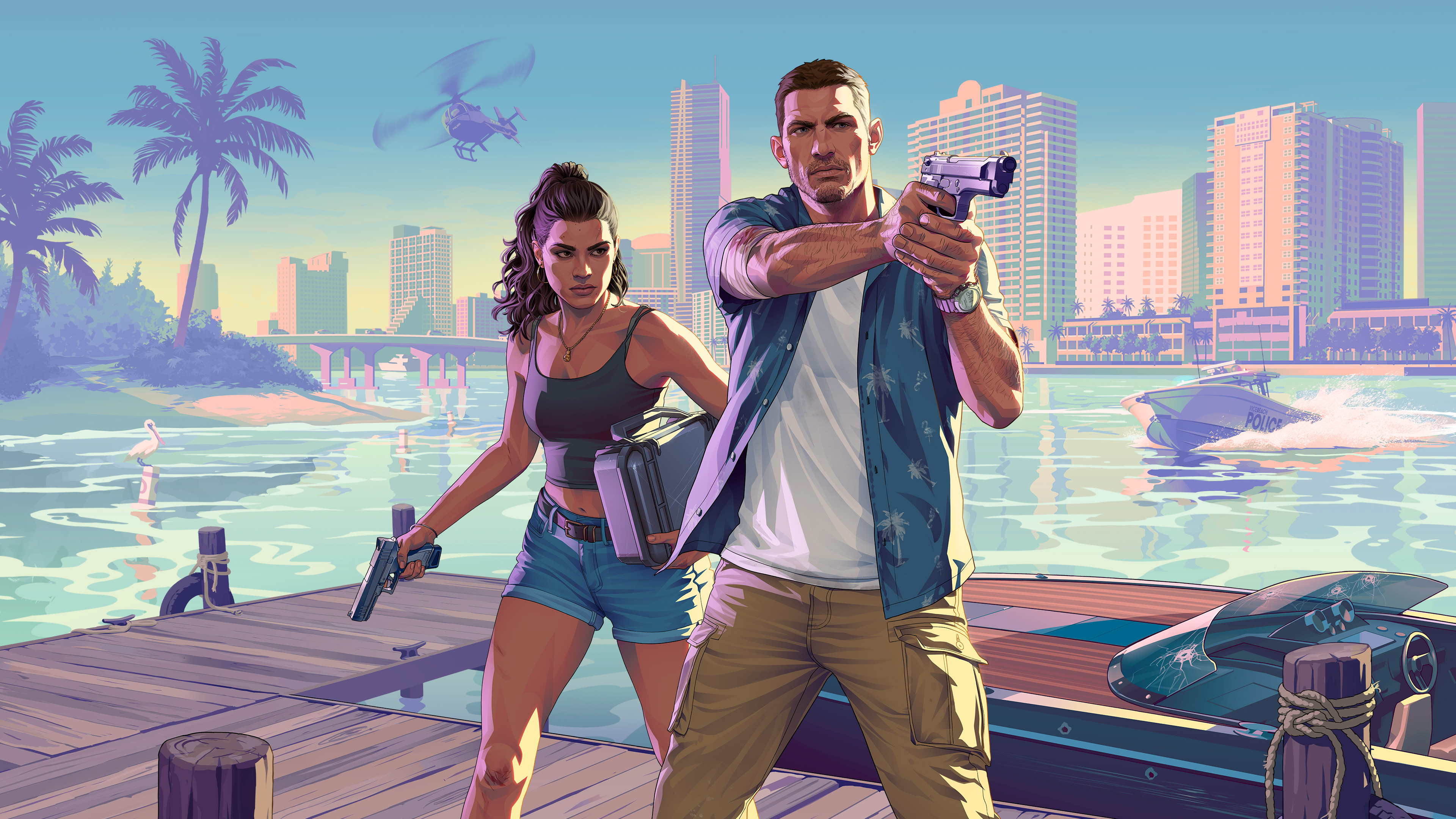 GTA 6 official artwork showing Jason and Lucia in Vice City