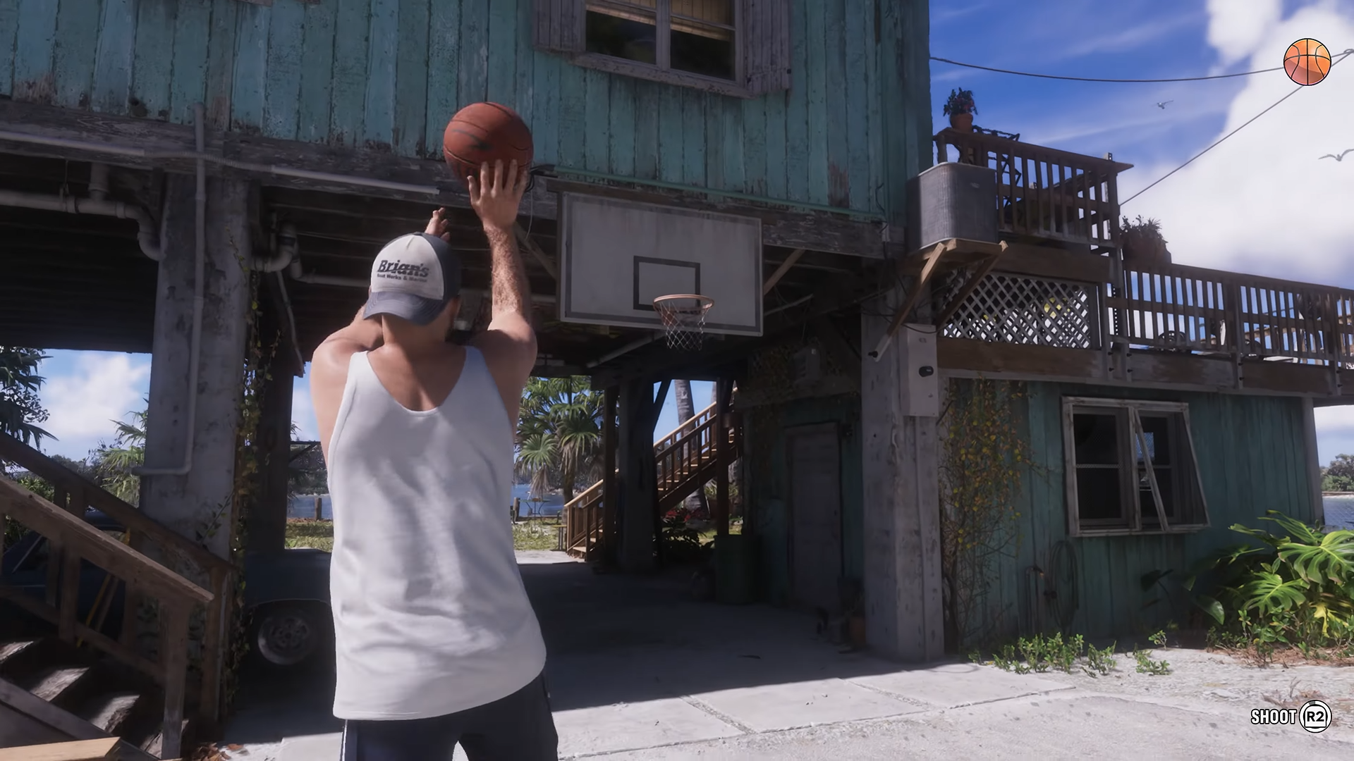 Jason playing basketball outside near his house