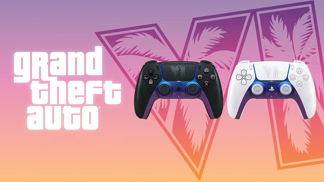 Custom GTA 6-themed PS5 DualSense controllers in black and white